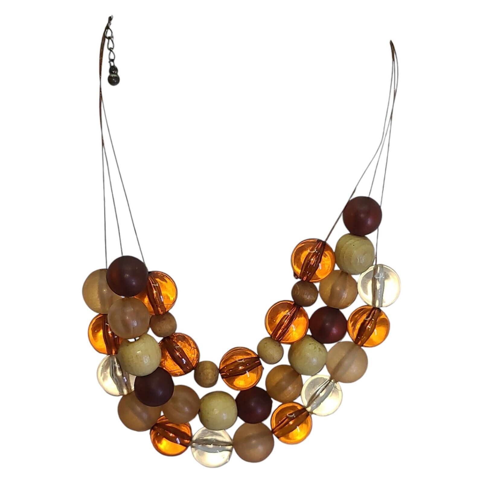 Chunky Wood & Amber Color Acrylic Bead Copper Wire Triple Strand Necklace 14-17